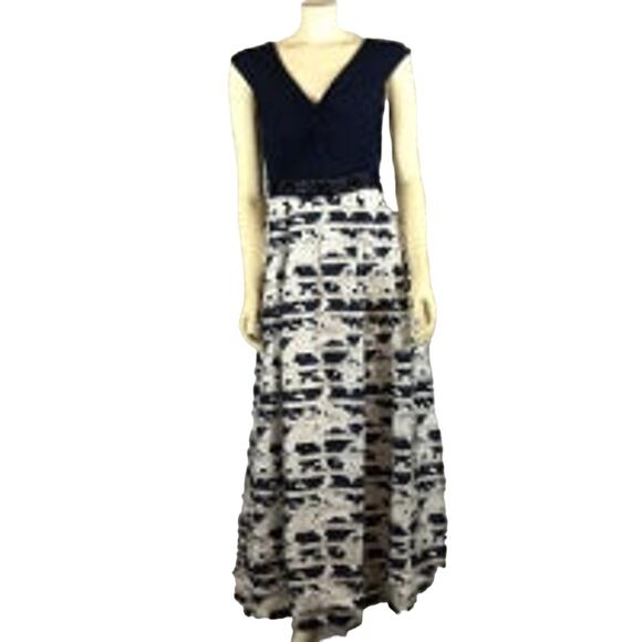 Teri Jon Knot front V-Neck Printed Navy & White Ball evening Gown dress size 2 - Picture 2 of 13